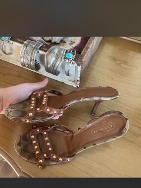 COACH Brown Studded Logo-Print Kitten Heel Sandals